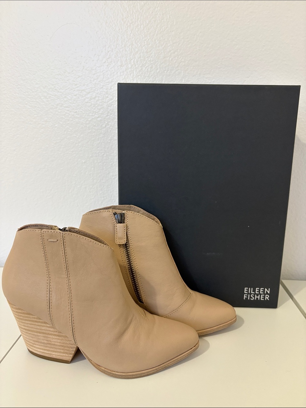 Eileen Fisher Trail LT Natural Leather Wedge Ankle Booties